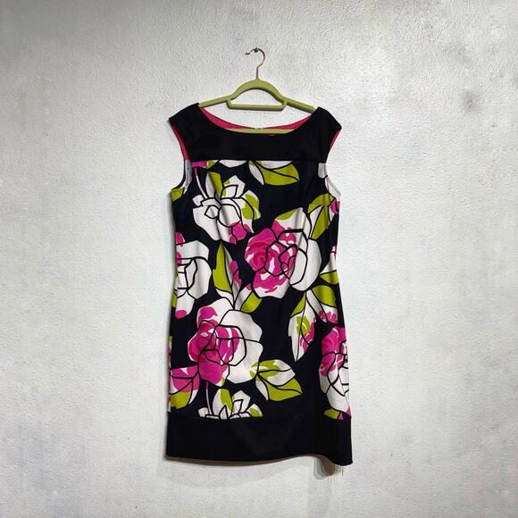 AGB Black Floral Sleeveless Vintage Midi Dress Sz 16 - Picture 1 of 12